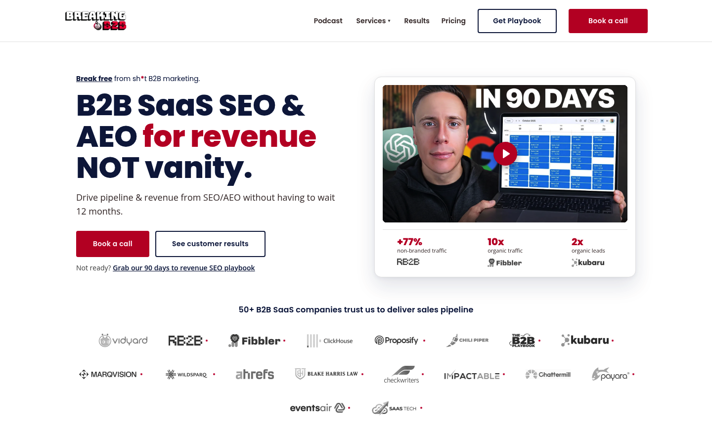 Breaking B2B homepage with the headline B2B SaaS SEO and AEO for revenue NOT vanity, three result figures and a grid of client logos