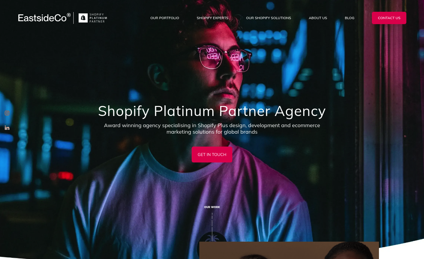 Eastside Co homepage with the headline Shopify Platinum Partner Agency over a dark neon hero image