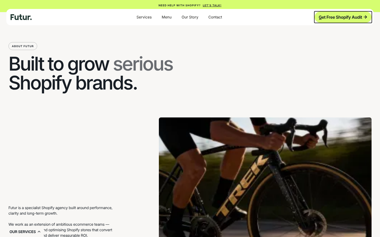 Futur about page headed Built to grow serious Shopify brands, with a photo of a cyclist