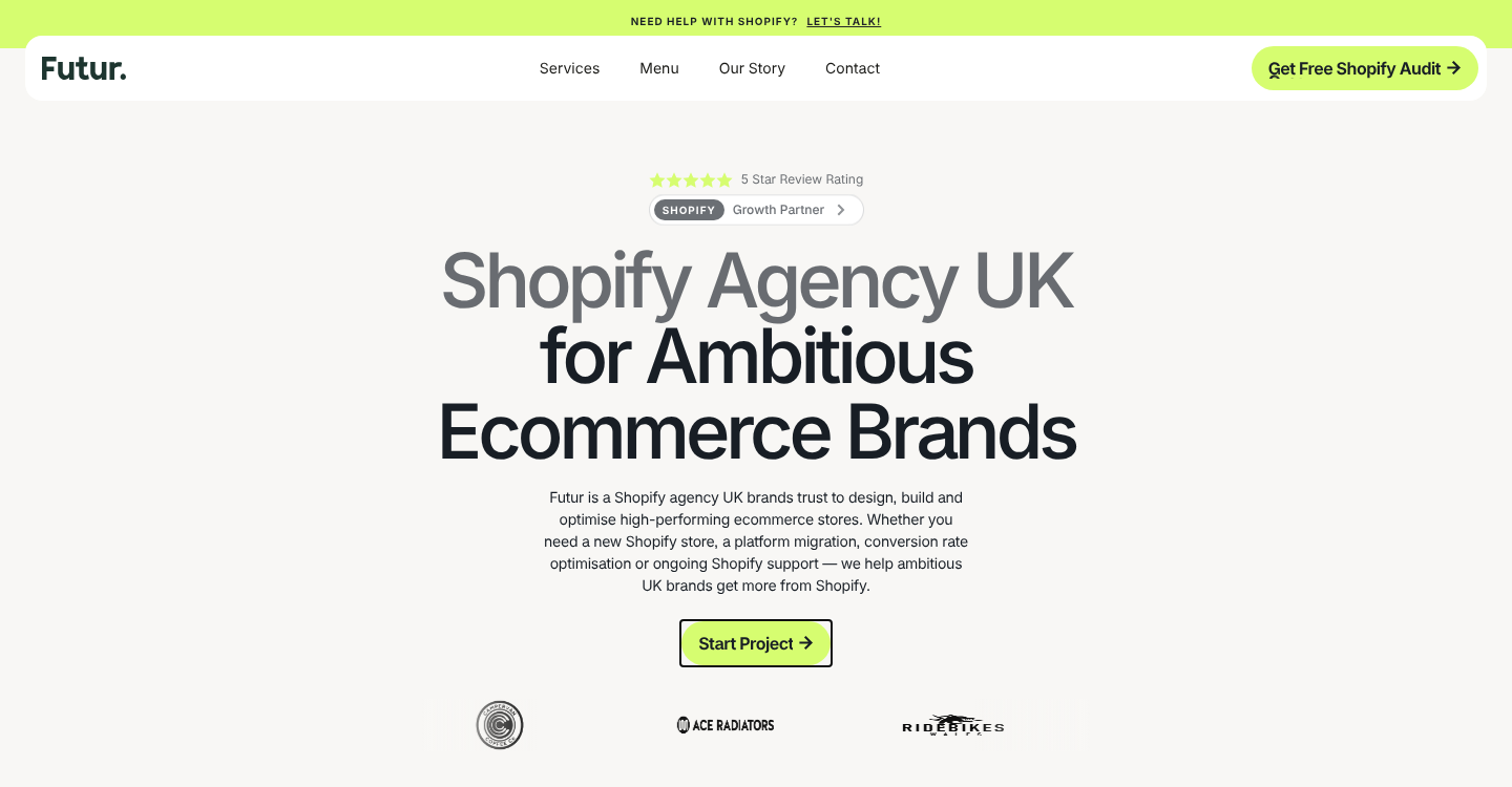 Futur homepage with the headline Shopify Agency UK for Ambitious Ecommerce Brands and a Get Free Shopify Audit button