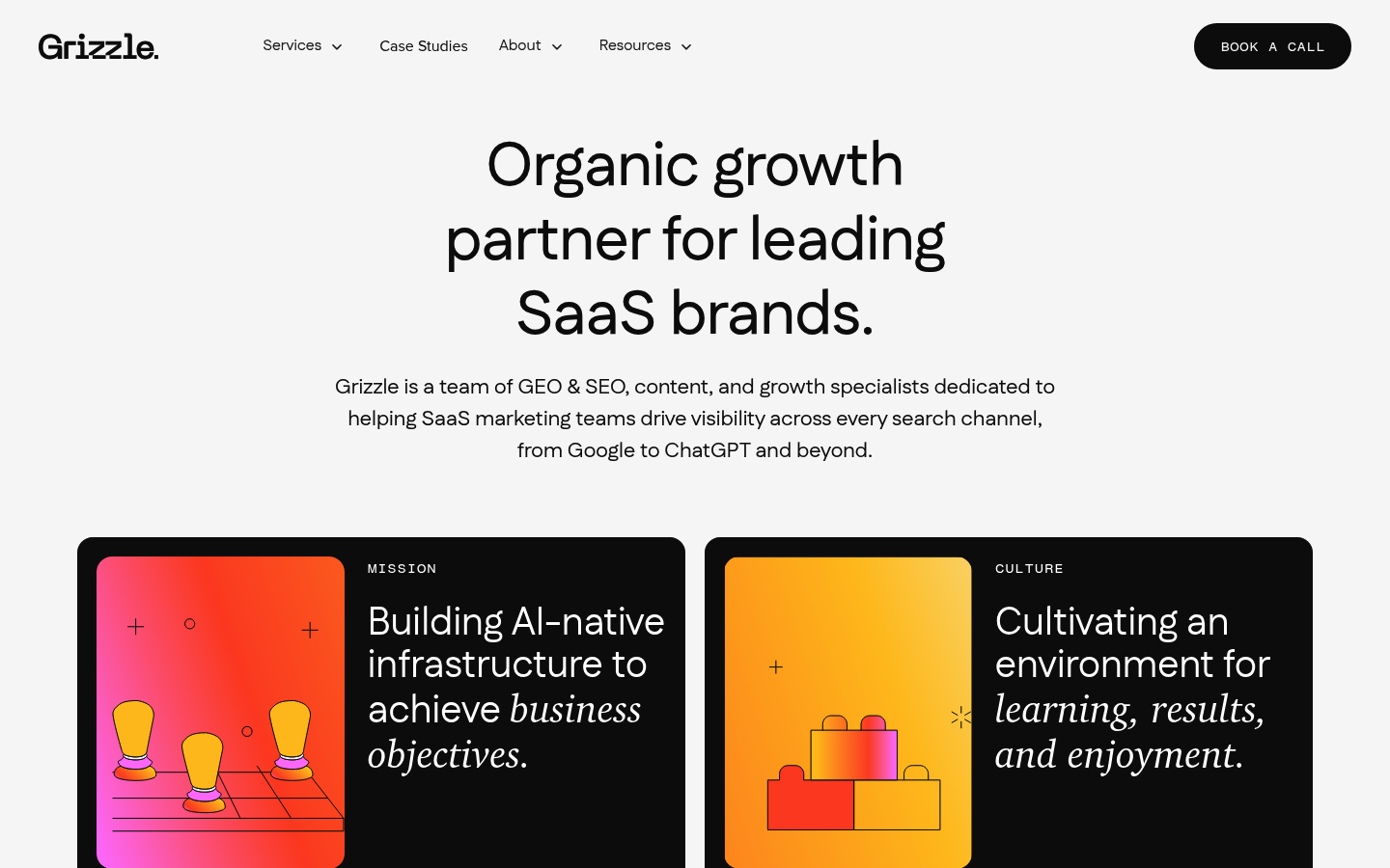 Grizzle about page headed Organic growth partner for leading SaaS brands, with Mission and Culture cards below