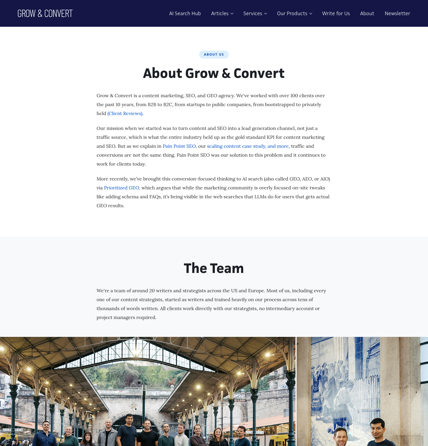 Grow and Convert about page describing a content marketing, SEO and GEO agency with over 100 clients, above a team section and group photo