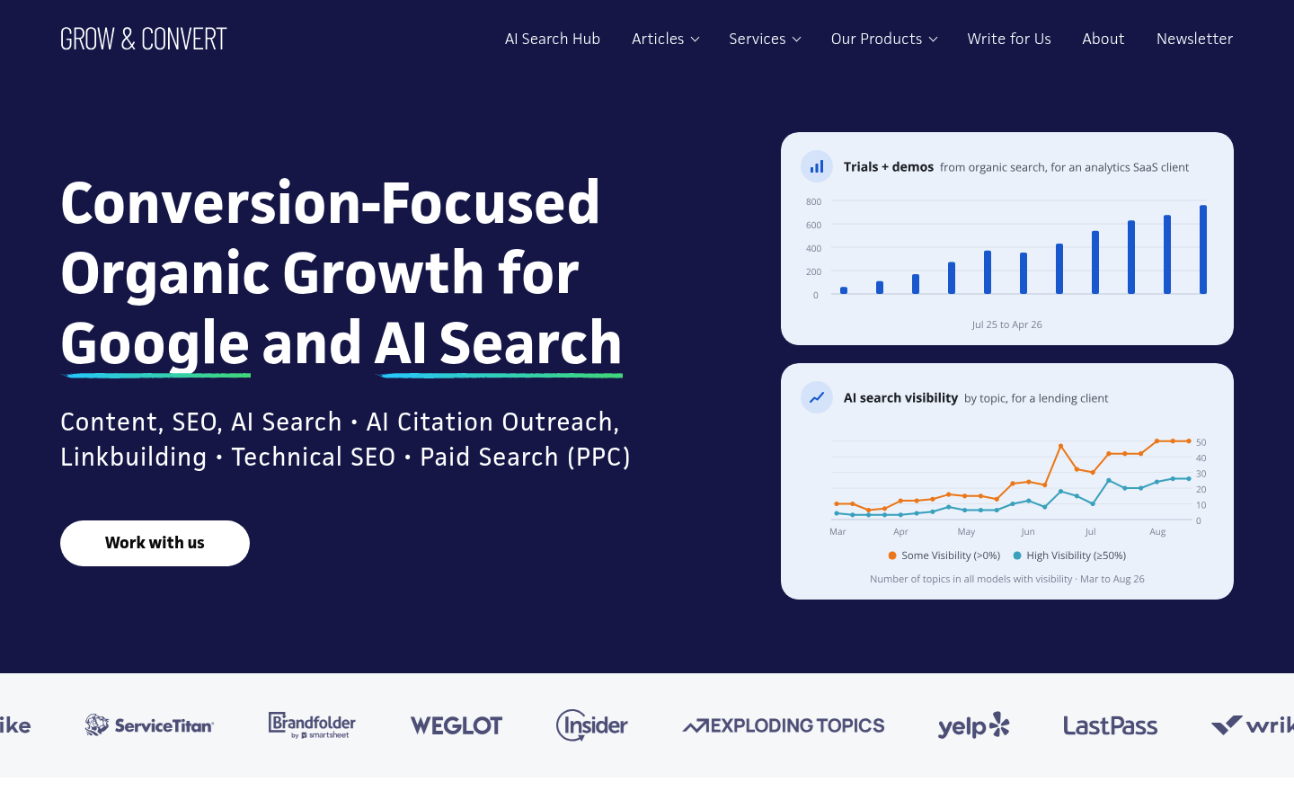 Grow and Convert homepage with the headline Conversion-Focused Organic Growth for Google and AI Search and two charts of organic trials and AI search visibility