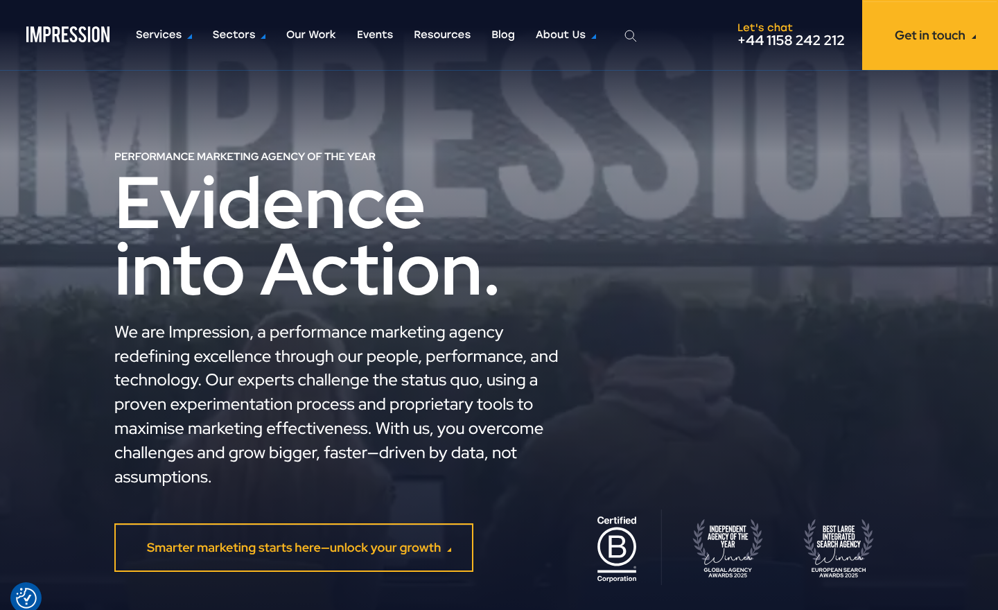 Impression homepage with the headline Evidence into Action, the tagline Performance marketing agency of the year and B Corp and award badges