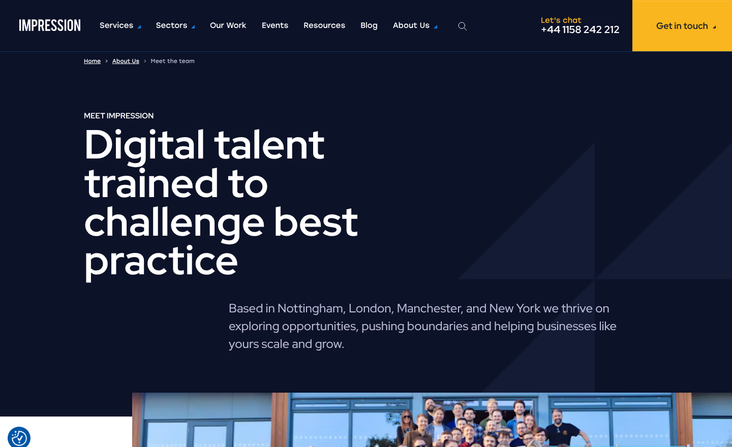 Impression meet the team page headed Digital talent trained to challenge best practice, noting offices in Nottingham, London, Manchester and New York, with a staff group photo below