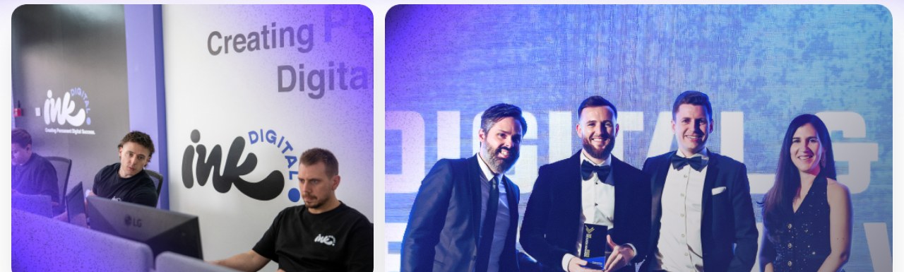 Ink Digital's office, and the team accepting a digital marketing industry award