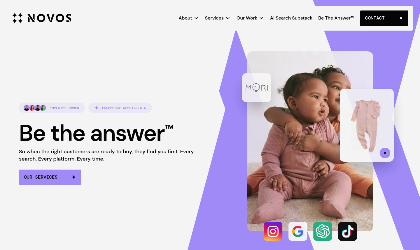 NOVOS homepage with the headline Be the answer, Employee owned and Ecommerce specialists badges and a hero image of two babies in pink clothing