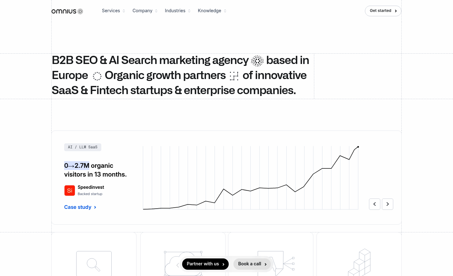 Omnius homepage describing a B2B SEO and AI Search marketing agency based in Europe, with a chart showing 0 to 2.7M organic visitors in 13 months for a SaaS client
