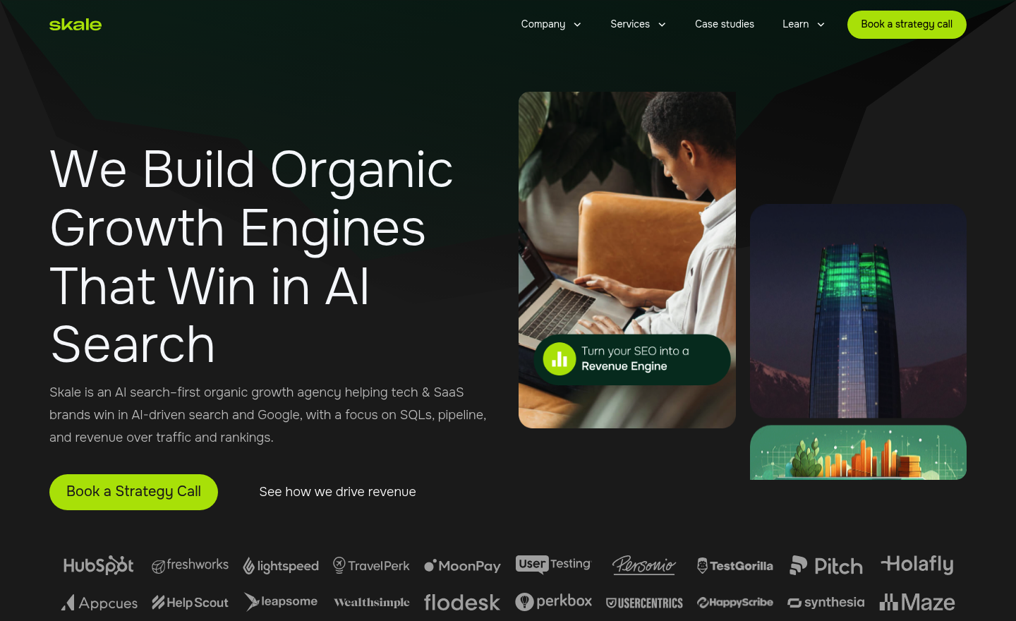 Skale homepage with the headline We Build Organic Growth Engines That Win in AI Search and a row of client logos including HubSpot and Freshworks
