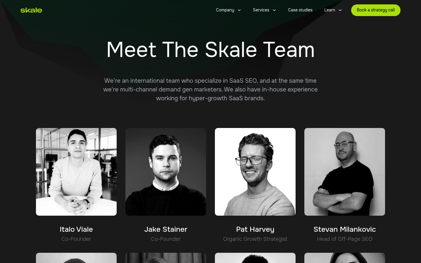 Skale team page headed Meet The Skale Team, describing an international team that specialises in SaaS SEO, with portraits of Italo Viale and Jake Stainer (co-founders), Pat Harvey and Stevan Milankovic