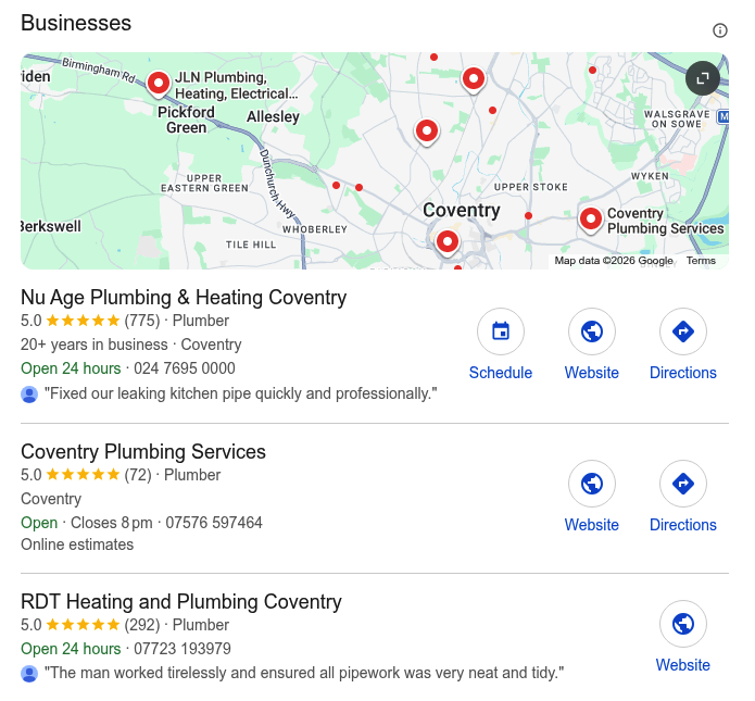 Google local map pack for the search 'plumber coventry' showing a map with red pins above three plumbing businesses, each with a star rating, review count, opening hours, phone number and Website and Directions buttons