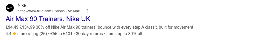 Google result for Nike Air Max 90 trainers showing a rich snippet with a price range of £55 to £101, a 4.4 star store rating from 25 reviews, 30-day returns and an up to 30% off offer line beneath the page title