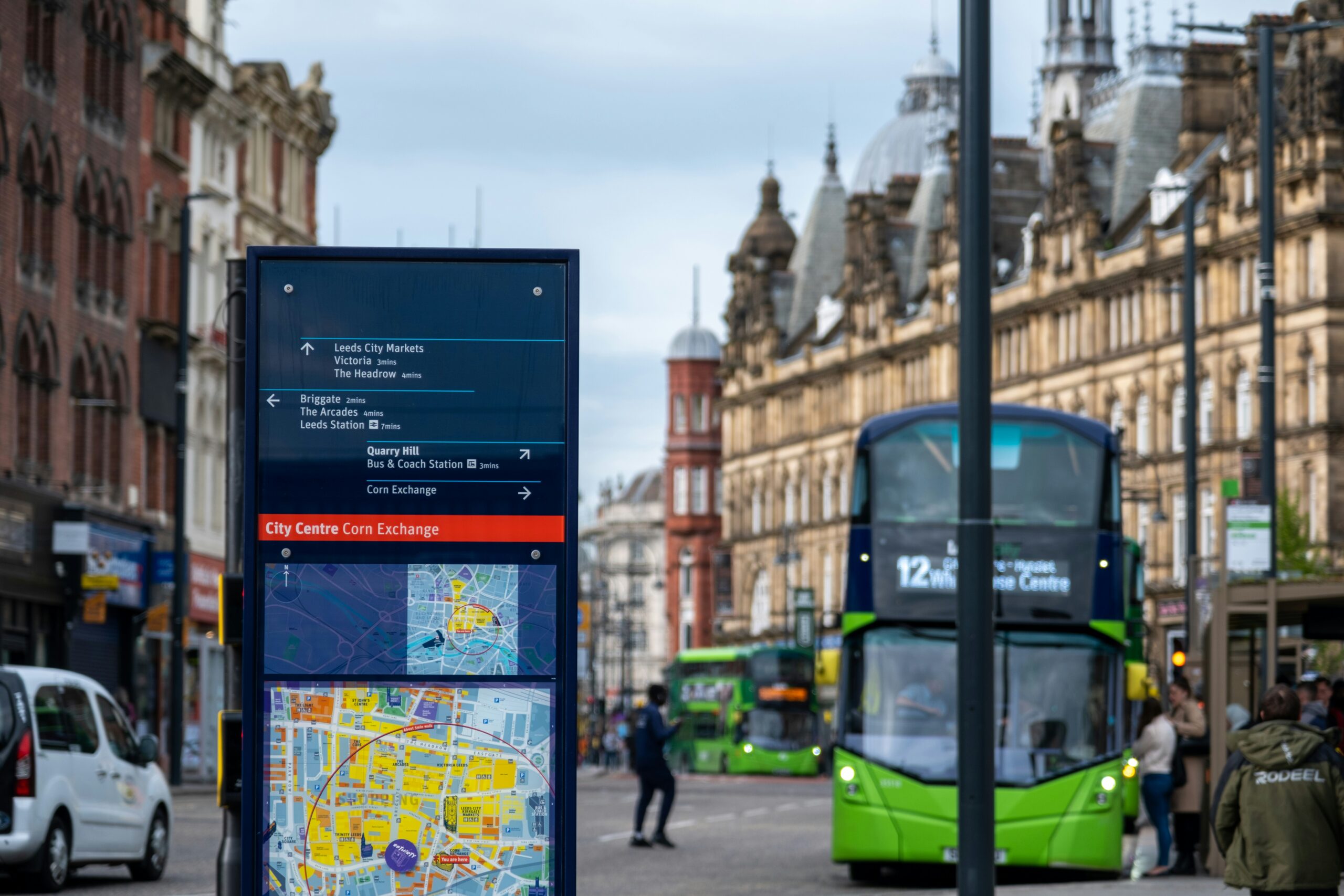 A map by a bus shelter on a noticeboard in Leeds City Centre.
